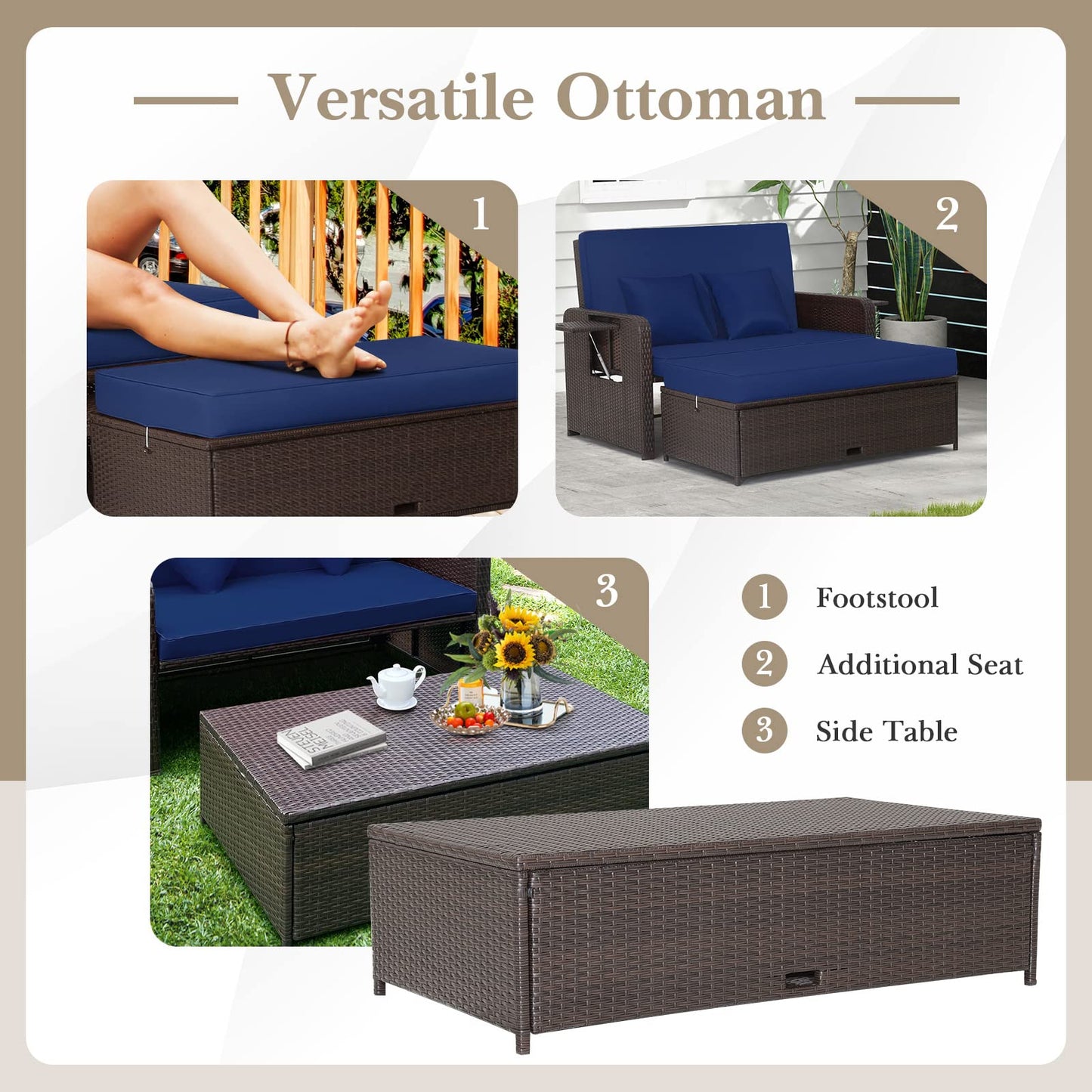 Tangkula Patio Rattan Daybed with 4-Level Adjustable Backrest, Outdoor PE Wicker Loveseat with Storage Ottoman & Folding Side Tray, Double Sunbed Lounger for Balcony, Backyard & Poolside, Navy & Brown