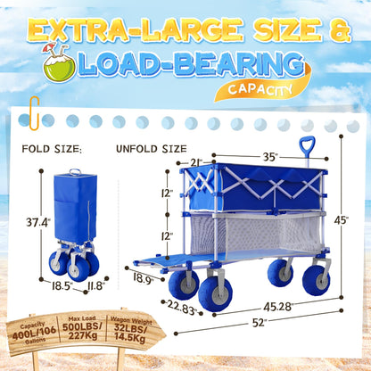 𝐔𝐩𝐠𝐫𝐚𝐝𝐞 Beach Wagon with Big Wheels for Sand, Double-Decker, 9" PVC All-Terrain Wheel, 500 lb Load Capacity, Oversized 400L, for Beach, Camping, Garden & Outdoor Sports (Blue)