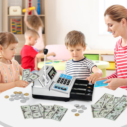 Calculator Cash Register - 103 Pcs Toy Cash Register, Store Set with Microphone, Credit Card and Banking for Kids, Toddler Math Learning Toys, Preschool Gifts for 3, 4, 5, 6, 7, 8+ Years Old Boy Girl