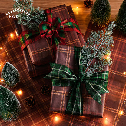 FAKILO Christmas Wired Ribbon 2-1/2 inch x 10 Yards Gold Red and Green Gingham Buffalo Plaid Tartan Christmas Ribbon for Tree Wreath Decor Gift Wrapping Topper Bow Making