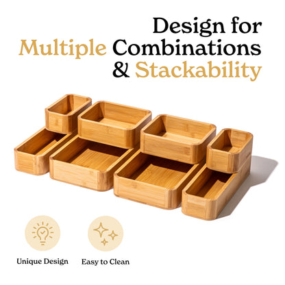 SMIRLY 8-Piece Bamboo Kitchen Drawer Organizer Set for Large and Small Utensils, Multi-use Storage Box - Bathroom, Nightstand, Jewelry, Cutlery, Knife, Spice, Towel, Junk Drawer Tray