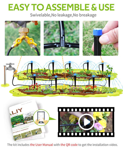 HIRALIY 100ft Drip Irrigation Kit Plant Watering System 8x5mm Blank Distribution Tubing DIY Automatic Irrigation Equipment Set for Garden Greenhouse Flower Bed Patio Lawn