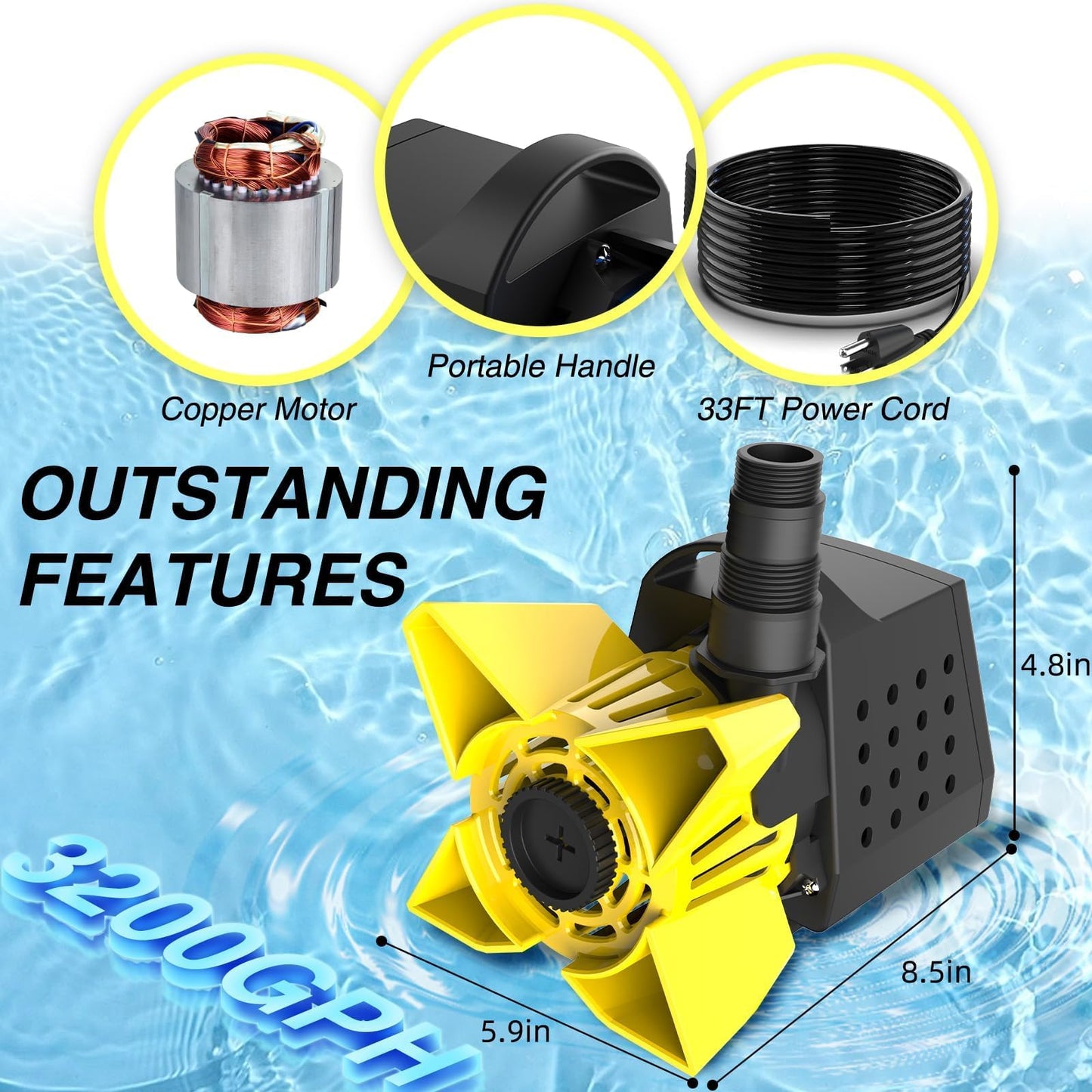 DECOKTOOL 3200GPH Pond Pump, 200W Submersible Water Pump with 33FT Power Cord & Barrier Bag, 2 Hose Adapters, 20FT. Lift Height for Garden Ponds, Fountains, Waterfalls, Water Circulation (Yellow)
