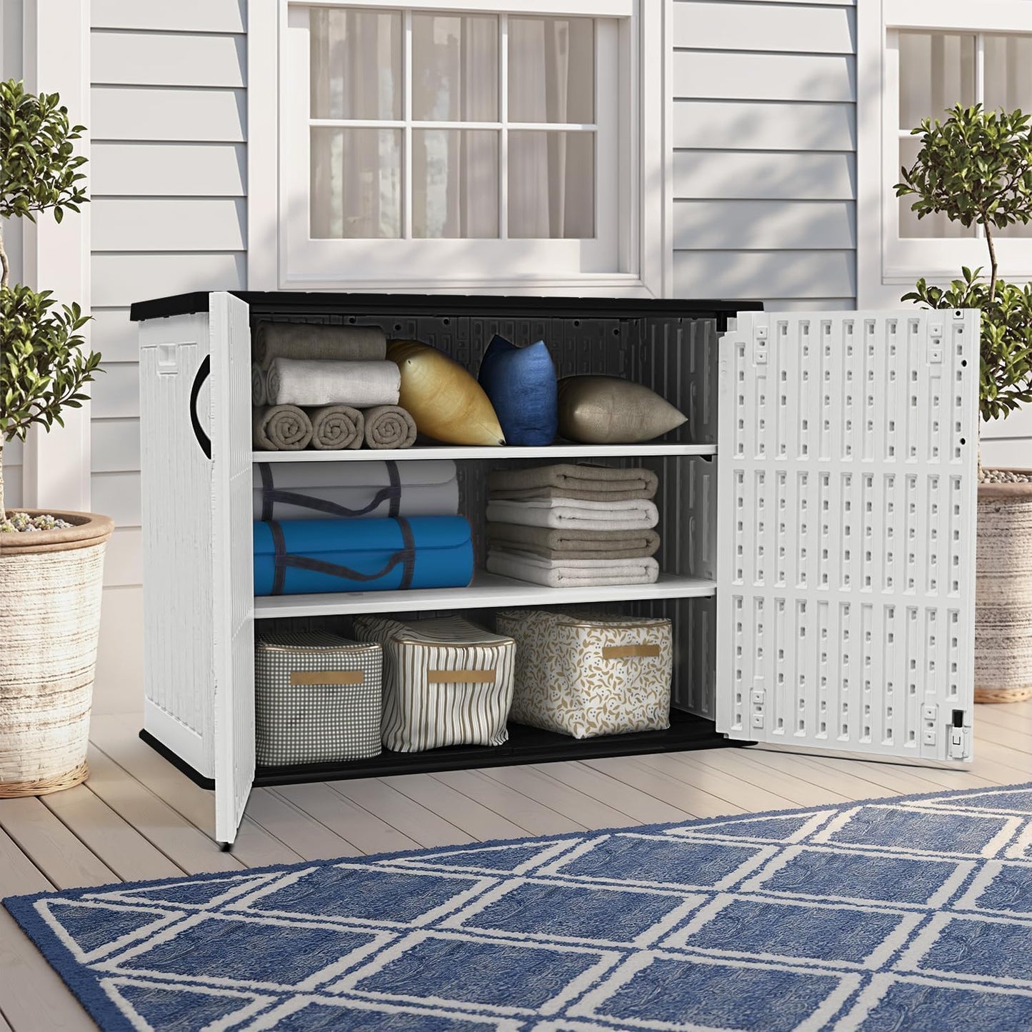 Devoko 26 Cu Ft Plastic Outdoor Storage Shed, Horizontal Resin Storage Cabinet with Lockable Door, Water-Resistant Backyard Storage Box for Garden Patio, White, Shelf Not Included