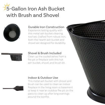 Sunnydaze 5-Gallon Fireplace Ash Bucket with Shovel and Brush - Iron Ash Bucket for Indoor Fireplaces or Outdoor Fire Pits