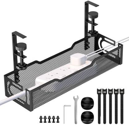 Under Desk Cable Management Tray, No Drill Mesh Desk Cable Tray, Wire Management Tray Cable Management Rack, Wire Organizer and Cable Management Box (Black)