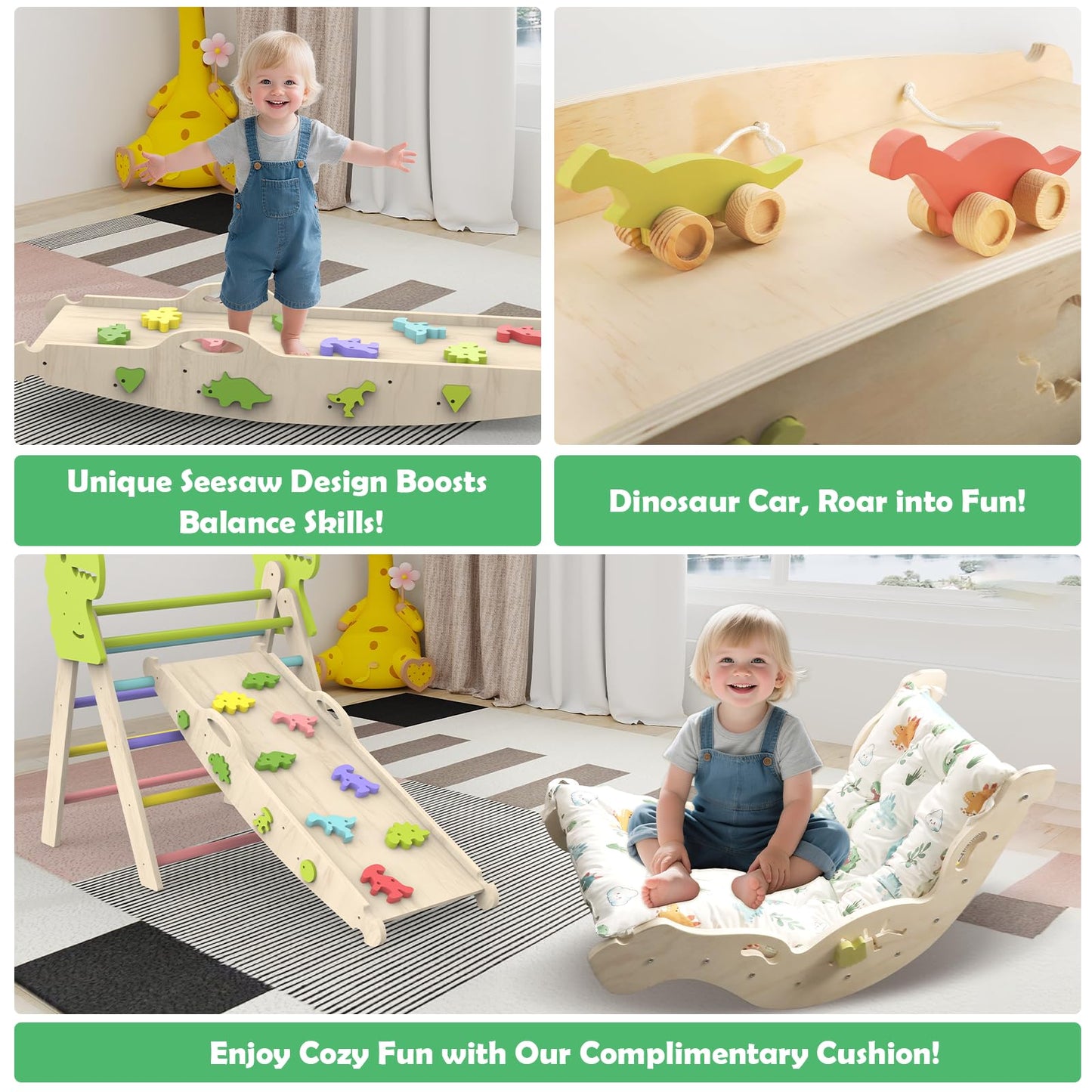 Jasite Pikler Triangle Set with Cushion, 12 in 1 Toddler Montessori Toys Indoor Baby Climbing Gym Pikler Triangle Climbing Set Wooden Toy Climbing Rope Ladder, Shape Sorter, Push Car 【Dinosaur Toys】