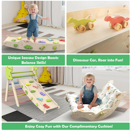 Jasite Pikler Triangle Set with Cushion, 12 in 1 Toddler Montessori Toys Indoor Baby Climbing Gym Pikler Triangle Climbing Set Wooden Toy Climbing Rope Ladder, Shape Sorter, Push Car 【Dinosaur Toys】