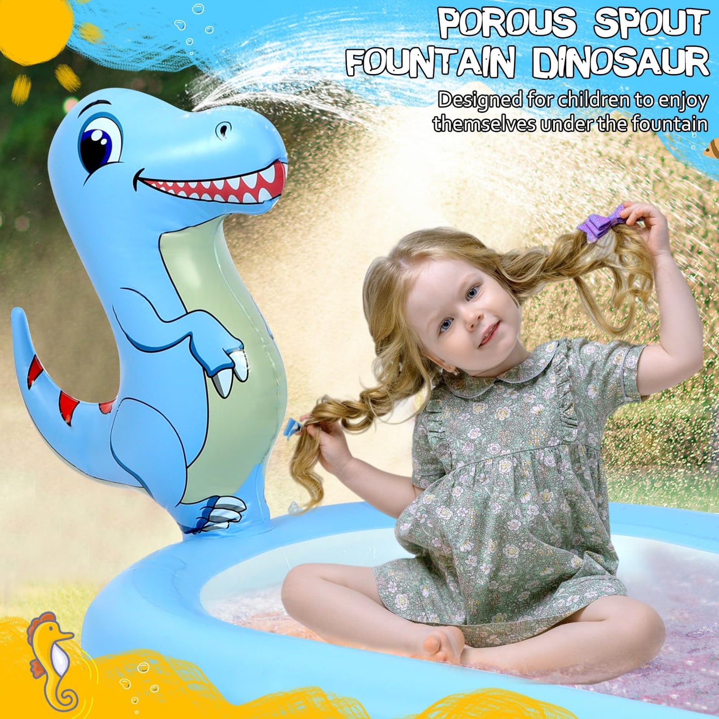 Splash Pad Sprinklers for Kids, 3 in 1 Inflatable Kiddie Pool Play Center Including Basketball Game and Ring Toss Game, 63inch Dinosaur Design Indoor Outdoor Water Play Mat for Toddlers 3-5 Boys Girls