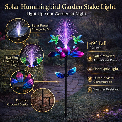 Solar Hummingbird Wind Spinner Outdoor 49 Inch Lotus Flower Metal Garden Windmill for Yard and Color Changing Fiber Optic Solar Yard Art Kinetic Wind Spinner Gift for Women Mother's Day Garden Gift