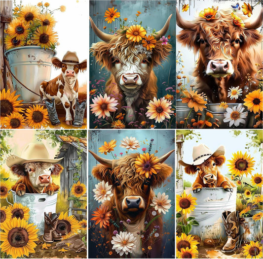 EWJRNSF 6 Pack 5D Diamond Painting Kits for Adults, Highland Cow Diamond Arts Kits Diamond Art Sets,Gem Painting by Number Kits for Adults Beginners Home Wall Decor 11.8x15.7 Inches