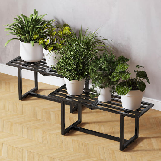 Rioneta 2-Pack Elegant Mid-Century Modern Metal Tiered Plant Stand Robust 330 lbs Capacity Versatile Indoor Outdoor Display for Living Room, Patio & Balcony Black