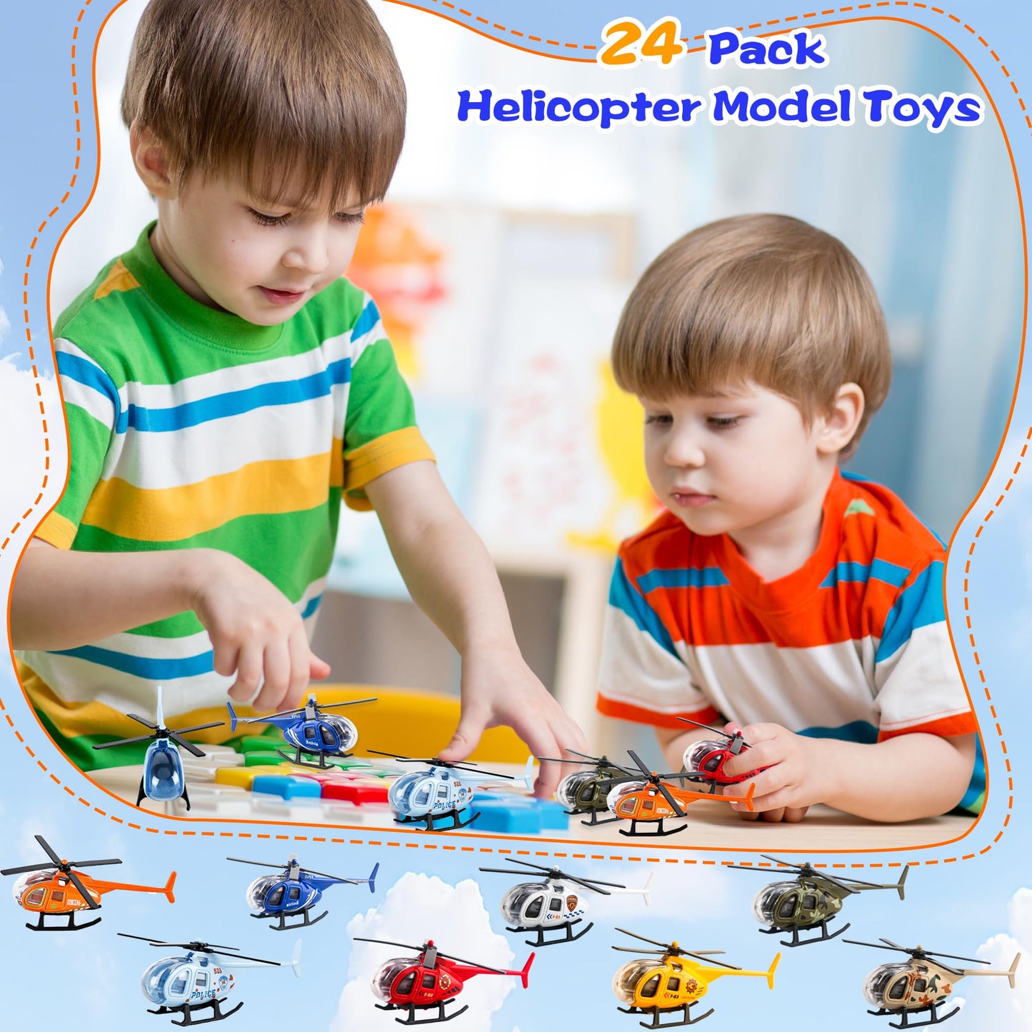 24 Pack Diecast Helicopters Small Police Fire Engineering Military Helicopter Model Toy with Spinning Propellers for Kids Birthday Children's Day Gifts Classroom Rewards