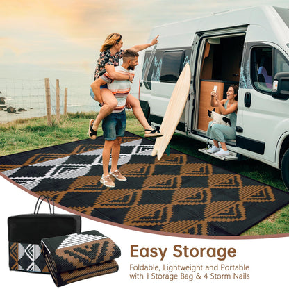 Beeiva Outdoor Rugs 8x10 Waterproof, Modern Geometric Reversible Patio Rug 8x10, Large Foldable Outdoor Plastic Straw Rug for Camping, Porch, Backyard, Balcony, Picnic - Black & Brown