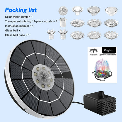 AISITIN 3.5W Solar Fountain with Lights, Built-in 3000mAh Battery & 3 Fixed Brackets & Crystal Ball & 8 Nozzles, Solar Water Fountain for Bird Bath, Backyard, Garden, Fish Pond, Only Work at Night!