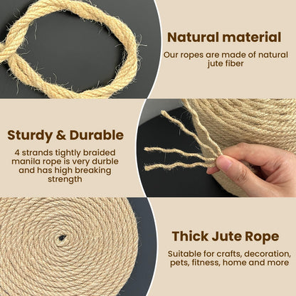 Natural Jute Twine 6mm x 328ft, 4Ply Twisted Heavy Duty Rope Roll for Gardening, Crafting, Bundling, Cat Scratching Post, Home Decor, Christmas Decorations