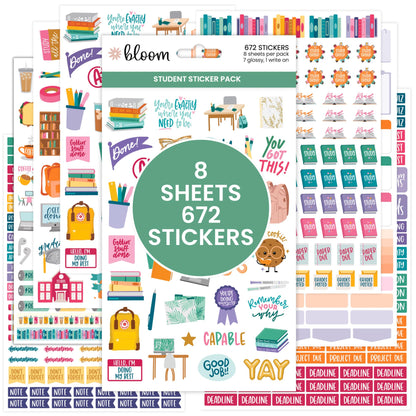 bloom daily planners Student Planner Stickers - 8 Sheets / 672 Stickers - Essential School Themed Variety Pack for Academic Year Planning - Icons & Illustrations to Track Assignments, Exams, & More