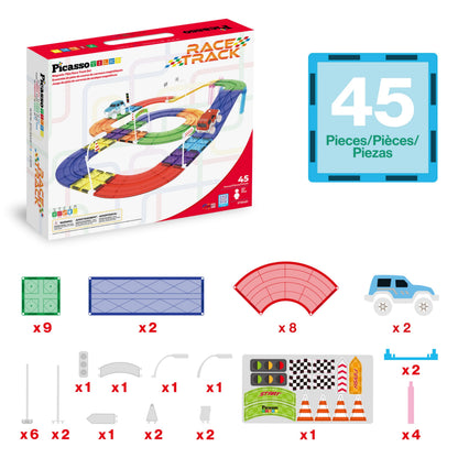 PicassoTiles 45pc Magnetic Tiles Race Track Set With 2 Racing Cars Plus Traffic Accessory Kit STEM Educational Learning Construction Building Magnet Tile Toy For Toddlers Boys Girls Kids Age 3+ PTR451