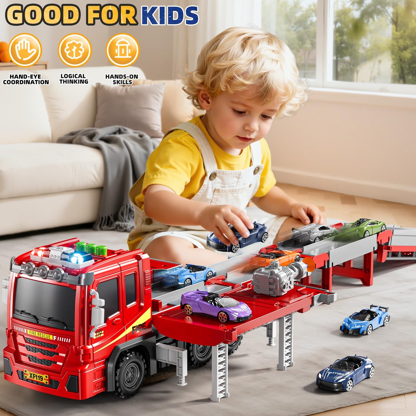 DULONIME Fire Trucks for Toddlers 1-3, Firetruck Toys for Toddlers 1-3 3-5, Folded Carrier Truck Race Track with 6 Racing Car Toys, Light Sound, Birthdays for Kids Girls Aged 3-9