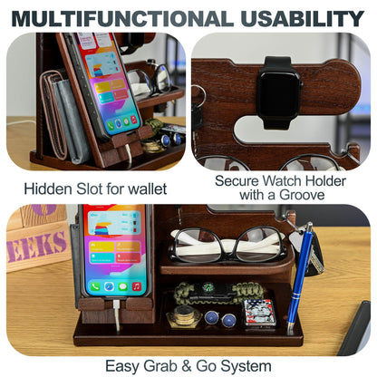 TESLYAR Wood Phone Docking Station for Men - Desk or Nightstand Organizer - Birthday Gifts for Husband, Dad - Anniversary Idea from Wife - Key Holder, Stand Wallet, Watch, Essentials (Chocolate Brown)
