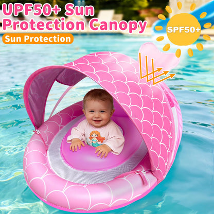 Baby Float with Canopy for Age 6-36 Months, UPF50+ Sun Protection 4 Stage Adjustable Canopy Dual Air Chambers Adjustable Safety Seat Inflatable Swim Pool Float for Baby Toddler