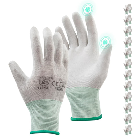 S SATC 12 Pairs Safety Work Gloves with grip, 13 Gauge Seamless Knit Gloves with Polyurethane Coated on Palm, Ideal for Automotive, Gardening, Mechanics, Small