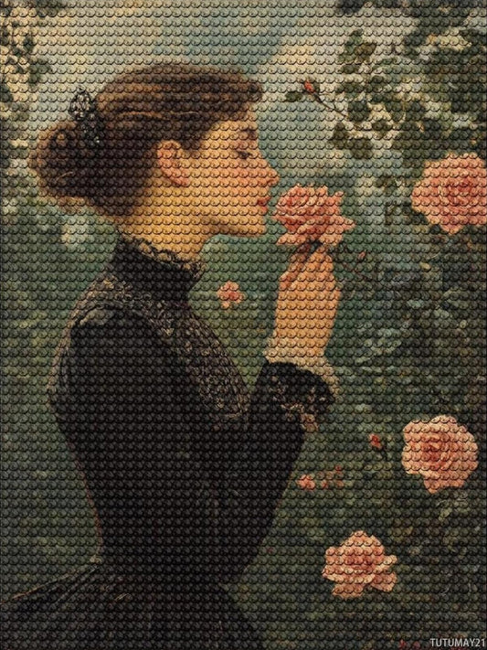 TUTUMAY21 Vintage Victorian Women Smelling Roses Diamond Drawing Art Kit for Adults DIY Diamond Art Painting Full Drill Round Gem Art for Crafts Wall Decor 12x16 inch