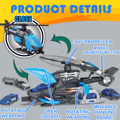 Frontoytall Police Rescue Helicopter Toy Set for Kids 3-8, Transport Cargo Helicopter with 3 Police Cars & Truck, Rotating Blades, Storage Cabin, STEM Learning Toys Gift for Boys Girls