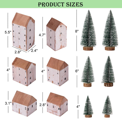 Mokof 12 Pcs Christmas Village Set - 6 Wooden Houses and 6 Snowy Trees, Farmhouse Christmas Decorations Indoor for Tabletop, Mantel, Shelves Holiday Decor (2.8" to 5.5" Tall)