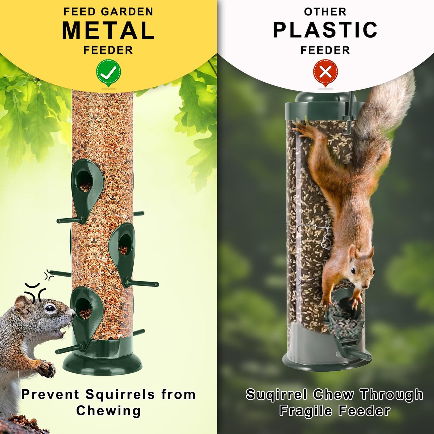 FEED GARDEN Metal Bird Feeder - 6 Port Tube Feeder for Outdoors, Heavy Duty Squirrel Proof with Metal Lid, Easy Fill & Clean, Weather Resistant, 13 Inch 2 Pack