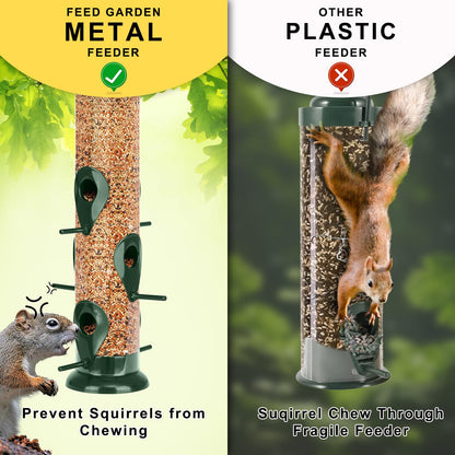 FEED GARDEN Metal Bird Feeder - 6 Port Tube Feeder for Outdoors, Heavy Duty Squirrel Proof with Metal Lid, Easy Fill & Clean, Weather Resistant, 13 Inch 2 Pack