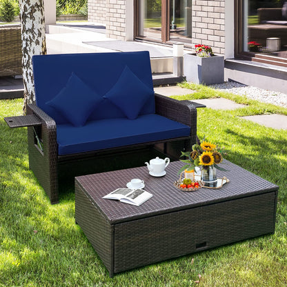 Tangkula Patio Rattan Daybed with 4-Level Adjustable Backrest, Outdoor PE Wicker Loveseat with Storage Ottoman & Folding Side Tray, Double Sunbed Lounger for Balcony, Backyard & Poolside, Navy & Brown