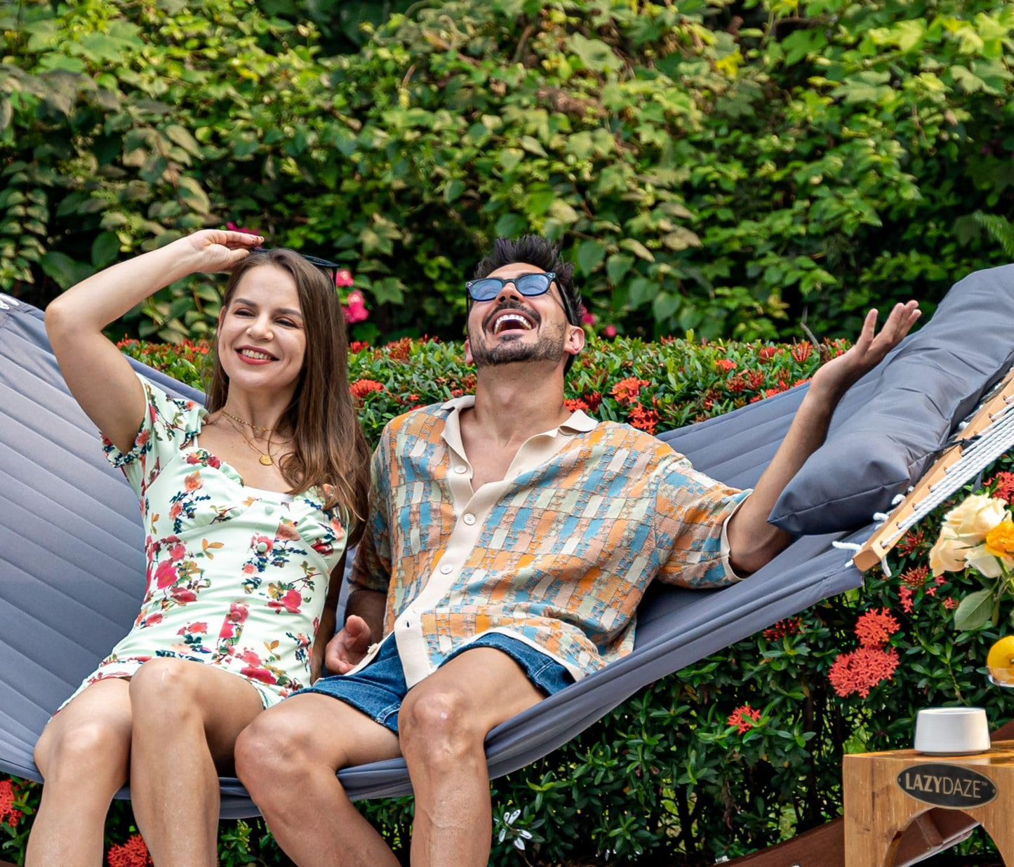 Lazy Daze Hammocks 2 Person Portable Hammock with 12FT Stand for Outside, 10.5FT Quilted Double Hammock with Spreader Bar and Detachable Pillow, 450lbs Capacity for Outdoor Patio, Grey