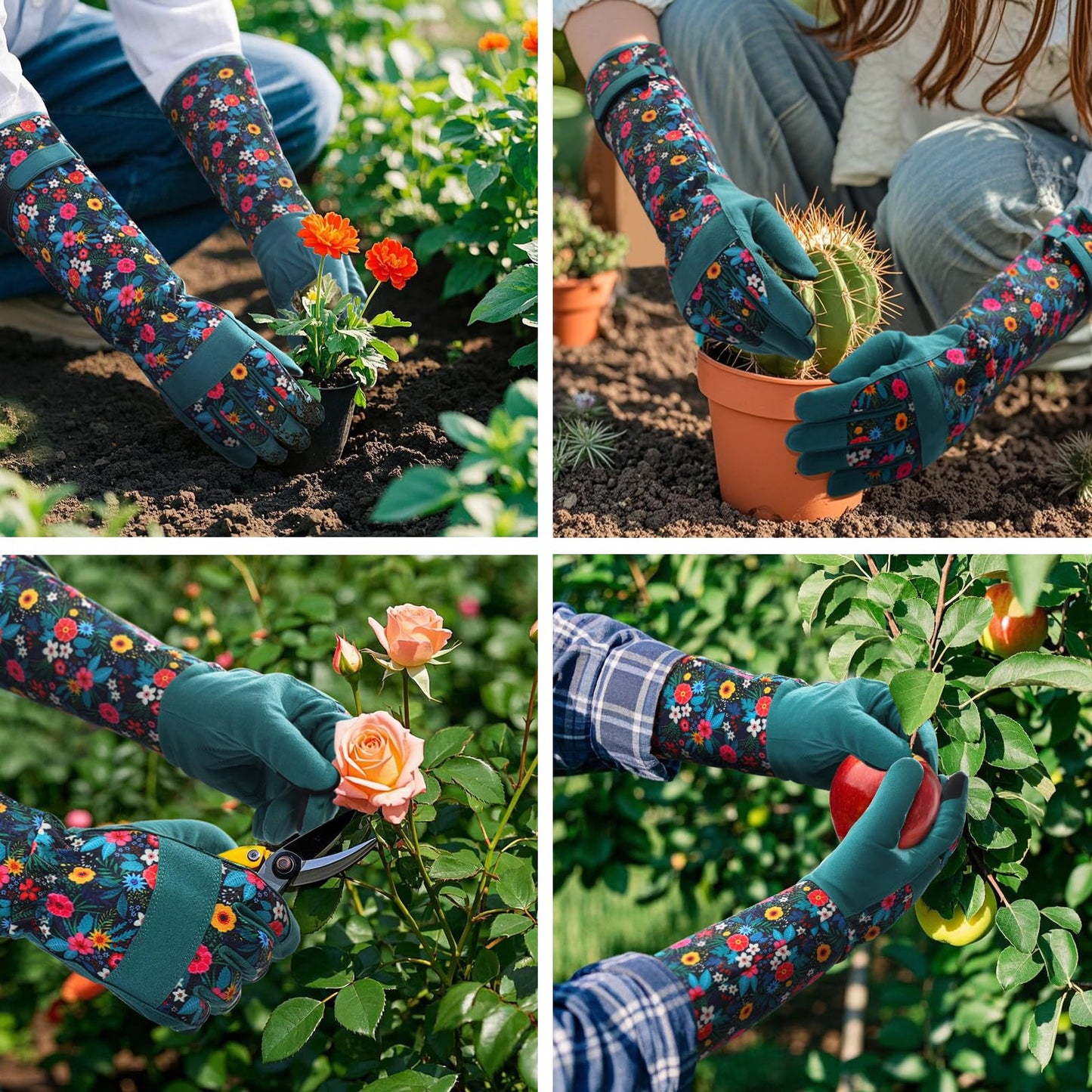 Gardening Gloves for Women - Breathable Long Garden Gloves with Grip, Thorn-Proof Puncture-Resistant Leather Work Gloves for Yard and Outdoor Work, Protective Garden Gloves for Women, Green Flower