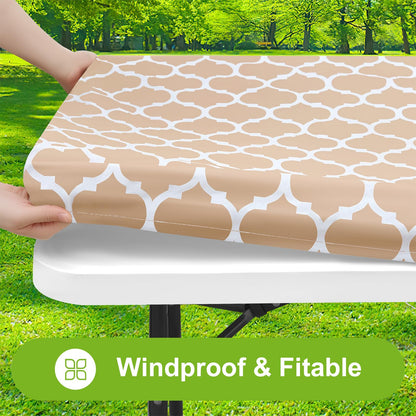 Smiry Rectangle Picnic Table Cover, Waterproof Elastic Fitted Camping Tablecloths for 4 Foot Tables, Wipeable Flannel Backed Vinyl Tablecloth Protector for Indoor, Outdoor (Khaki, 30x48 Inches)