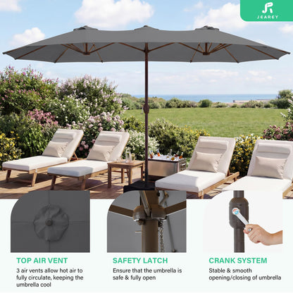 JEAREY 15ft Large Patio Umbrella with Base, Outdoor Rectangle Umbrella Double-Sided Market Umbrella with Stand for Pool, Deck, Backyard and Garden, Gray