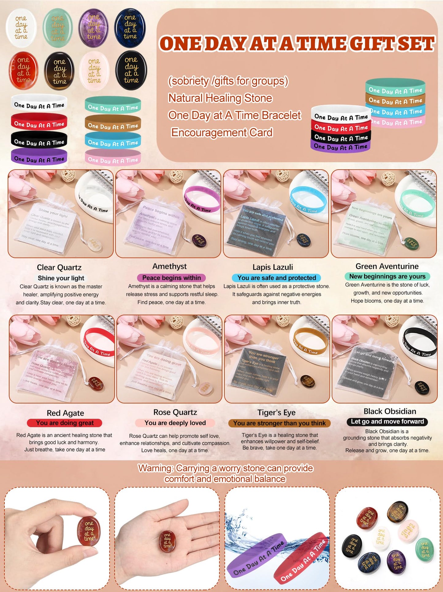 Soulchen 16 Sets Thumb Worry Stones for Anxiety Stress Relief Items Chakra Stones One Day at a Time Bracelet Meditation Reiki Spiritual Gift for Women Men Cancer Addiction Recovery Sobriety