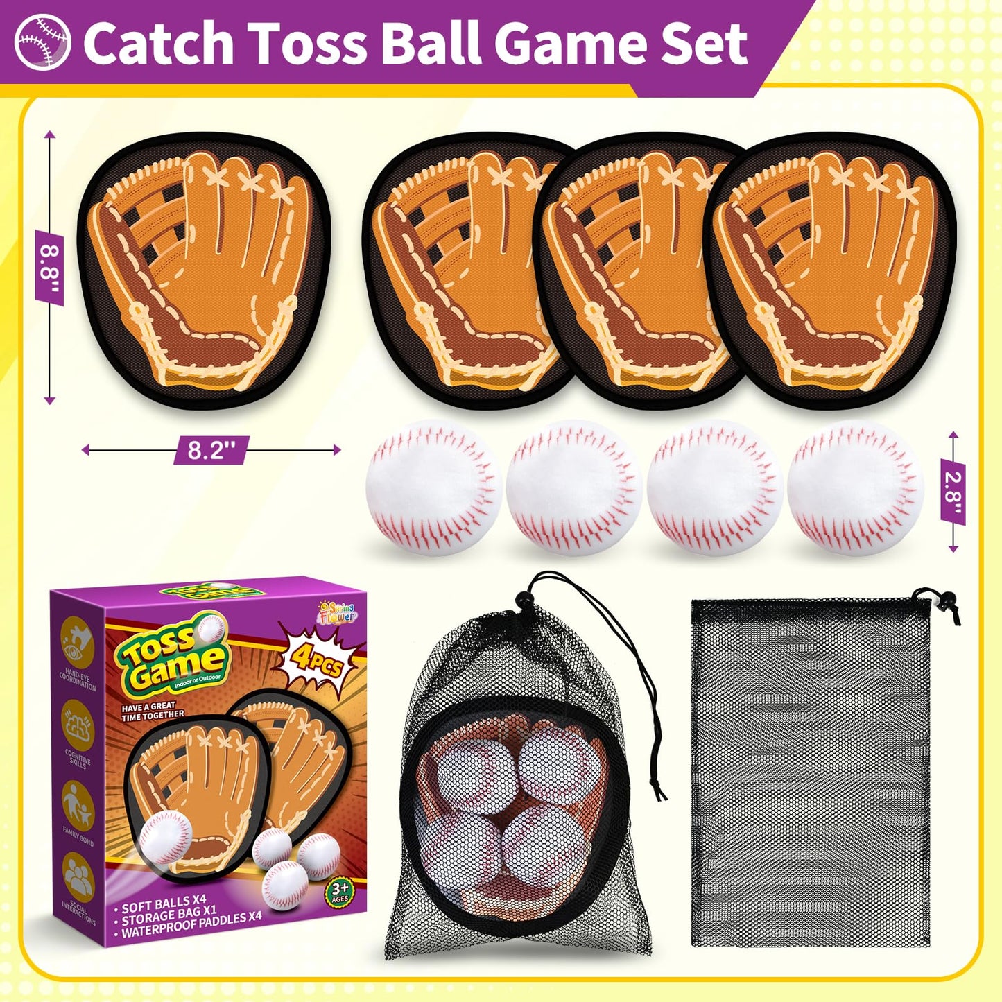 SpringFlower Catch and Toss Game, Outdoor Sport Game Toy for Toddlers Kids, Stick Ball Catch Set Toy Gifts for Boys & Girls,Kids Baseball Beach Outdoor Indoor Pool Game