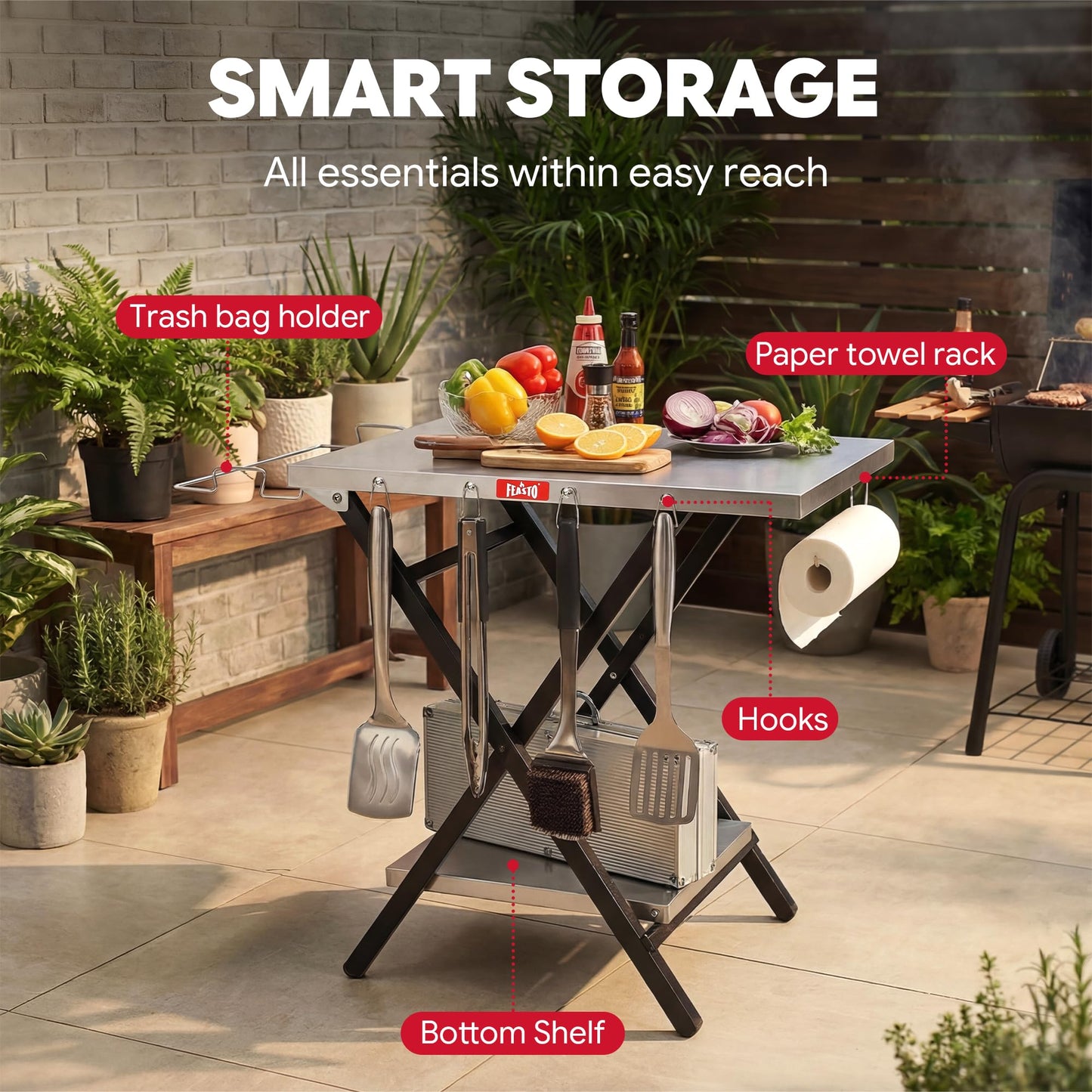 Feasto Outdoor Grill Table, Foldable Pizza Oven Stand & Griddle Stand with Garage Rack & Tissue Holder, Folding Outdoor Prep Table for Gathering and Party, 30" x 24", Stainless Steel