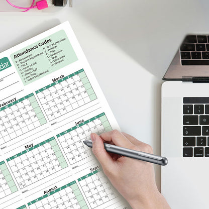 VistaRise 2026 Attendance Calendar, Employee Work Tracker Attendance Calendar cards - 3-Hole Punched for Binder, Cardstock, 8.5 x 11 in (Letter Size), Pack of 25 Sheets, Green