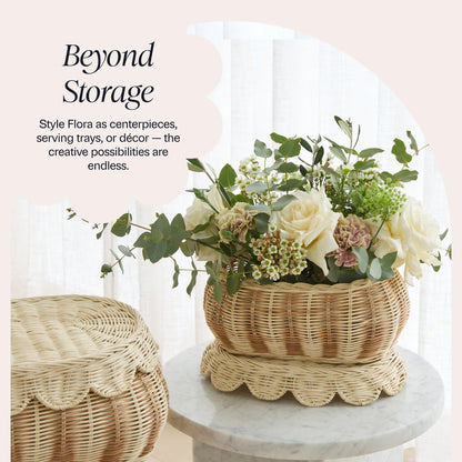 BEBE BASK The Original Scalloped Basket with Lid – Set of 2 (15 x 11 x 6 in) – Hand-Woven Rattan Scalloped Wicker Basket with Lid, Storage Baskets with Lids for Organizing (Stripey)