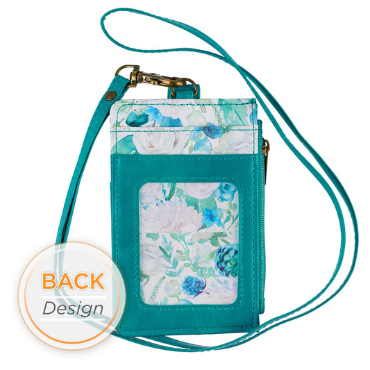 Christian Art Gifts Women's Slim Zipper ID Badge Card Holder: Be Still & Know - Psalm 46:10 Inspirational Bible Verse w/Detachable Neck Strap Lanyard, Coin Purse Pocket, Vegan Leather, Floral Teal