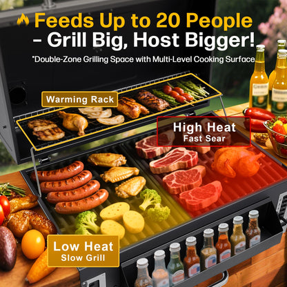 Built-in Charcoal Grill, Large BBQ Grills with Liftable Tray, Insulated Hood & Temp Gauge, Black Stainless Steel Barrel Grill for Outdoor Kitchen, Family BBQ Parties & Patio Use