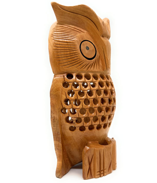 South Asian Handicrafts Handmade Cedar Wood Undercut Owl, Aromatic Natural Carving, Artisanal Family Decor & Unique Gift, Decorative Jali Cutwork Design (Owl)