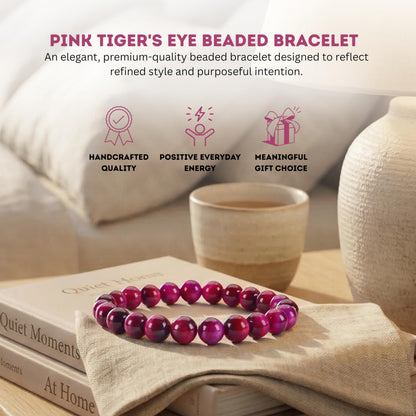 Cherry Tree Collection Pink Tiger's Eye Beaded Bracelet – Genuine 8mm Gemstone Stretch Bracelet for Men & Women – Handmade Crystal Bracelet - (Pink Tiger's Eye - M)