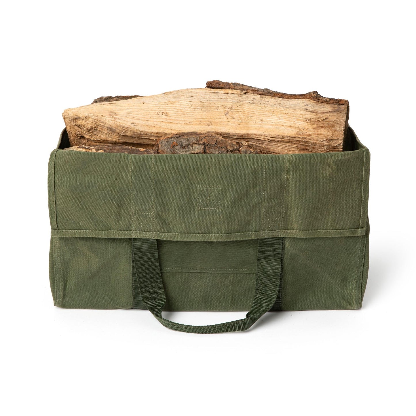 MAYHEM & MERCY Extra Large Waxed Canvas Firewood Carrier Tote – Heavy Duty Log Bag with Handles & Pocket – Self-Standing Wood Holder for Fireplace, Camping, and Outdoor Use – Hunter Green