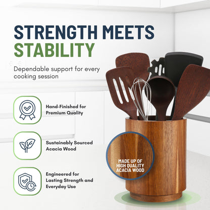 Linda's Essentials Acacia Wooden Utensil Holder for Kitchen Counter, 7.2" Wood Utensil Holder Counter, Kitchen Utensils Holder with 360° Rotation, Non-Slip Large Utensils Holders, Spatula Holders