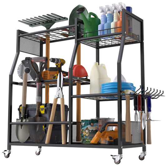 HOTEAGLE Garden Tool Organizer for Garage with 35.4” Width(High Stability), Outdoor Metal Utility Rolling Carts with Mute Wheels & 18.5mm Thick Rods, Easy to Clean, Black