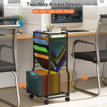 DAOUTIME 8 Tier Rolling File Cart with Hanging File Folder Organizer, Mobile File Organizer with 2 Sides Access Bookcase, Beside/Under Desk Cart with Wheels for Office Home School