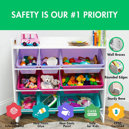 Humble Crew Toy Storage Organizer with 9 Removable Storage Bins for Kids Playroom, 3-Tier with Top Shelf Toddler Toy Organization, White/Pink/Purple/Aqua